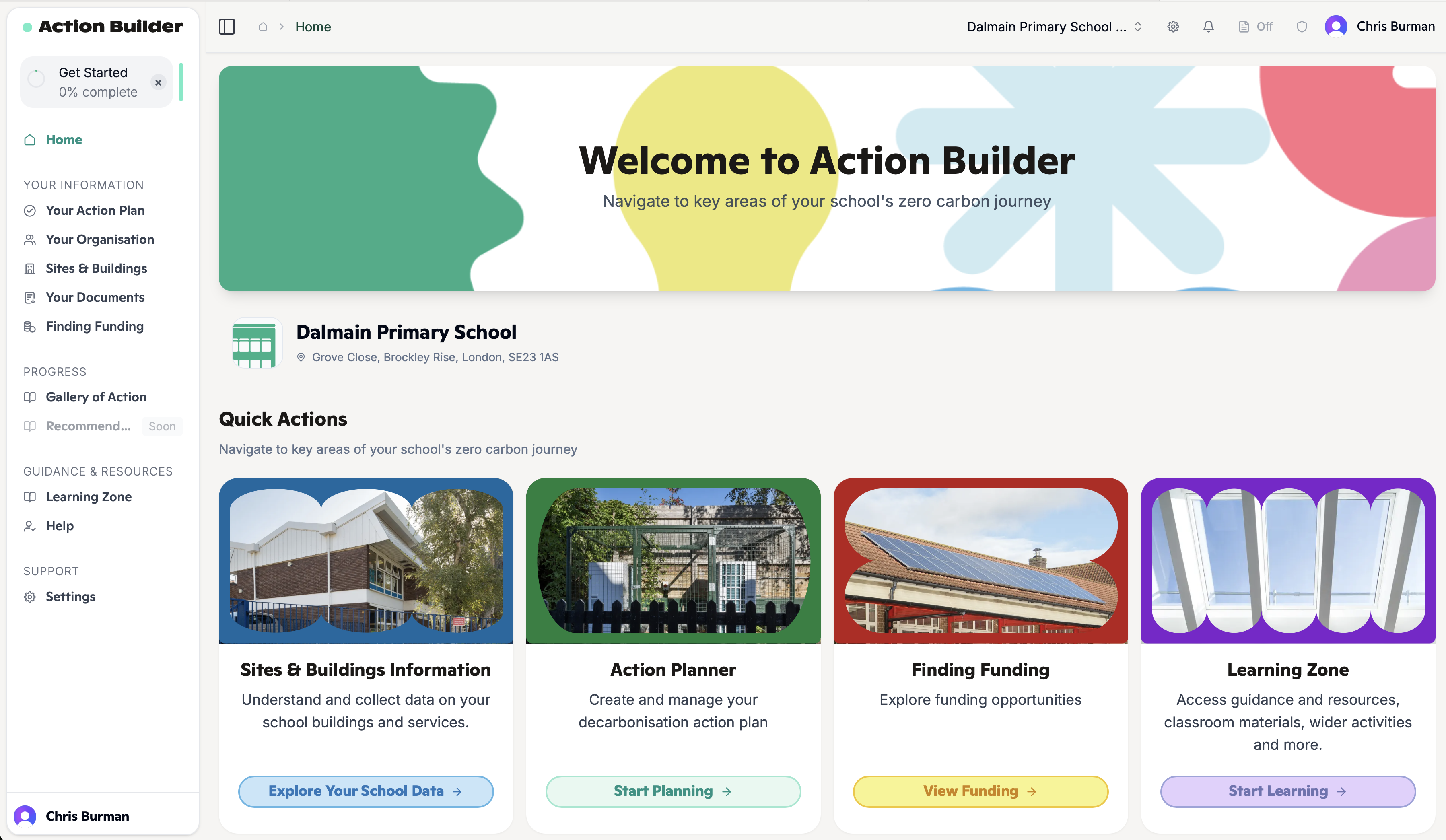 Each school's dashboard — its whole zero-carbon journey in one place.