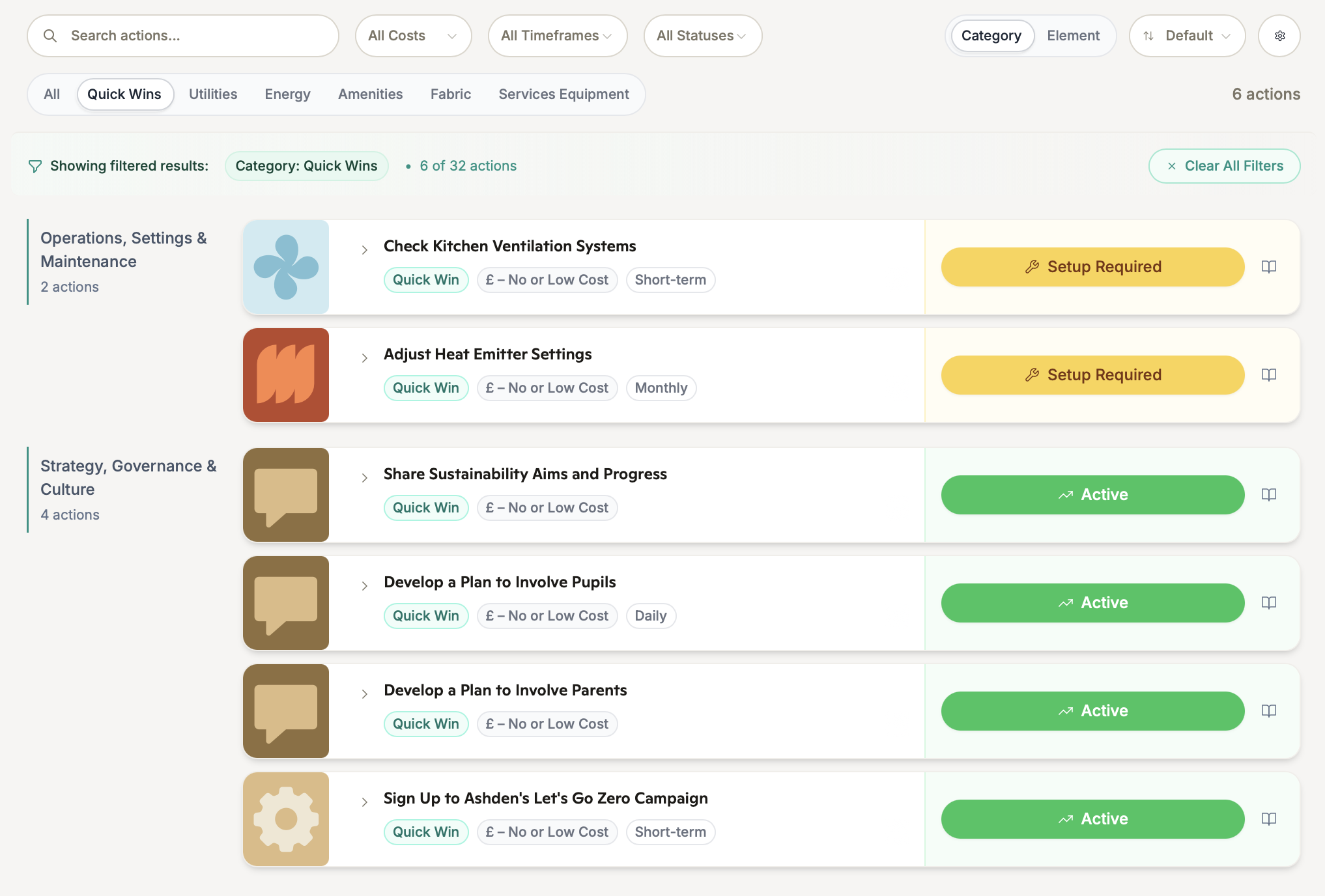 Filter the catalogue to quick wins and low- or no-cost actions — Ashden's Let's Go Zero campaign sits right in the list.