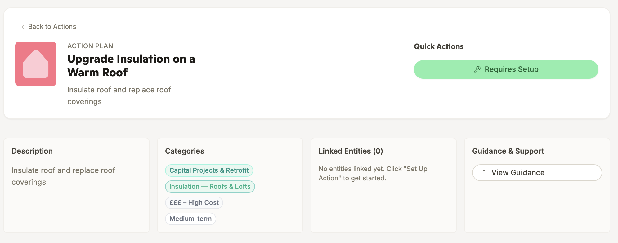 The action — description, category, cost and timeframe.