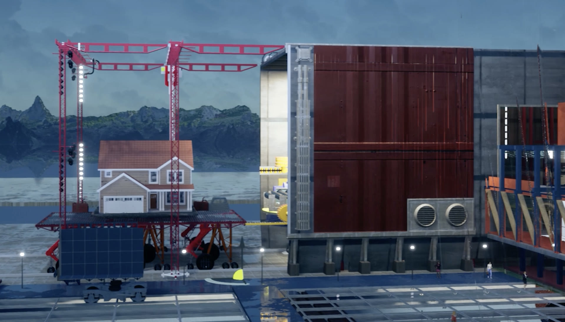 Proposal render: an elevated autonomous transport system imagined relocating whole buildings above motorway traffic.
